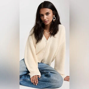 Polly Wool Blend Chunky Ribbed Knit V Neck Button Cardigan Sweater Ivory M/L